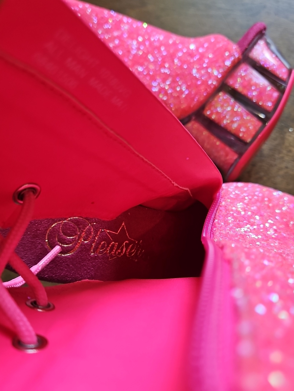 Pleaser Hot Pink Glitter Lace-Up Platform Stiletto Booties - Picture 11 of 14